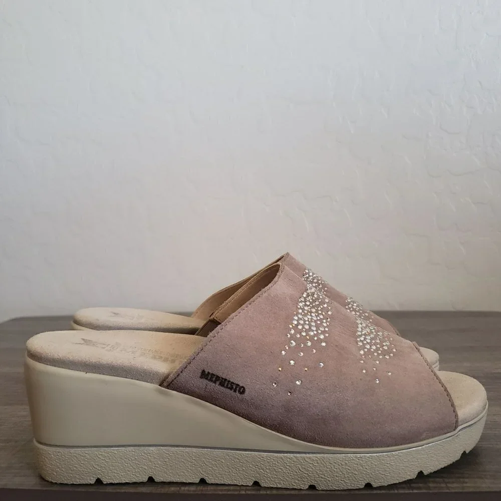 Mephisto Enzia Sparkle Wedge Suede Slide Sandals Rhinestones Taupe Size 6 EU 36